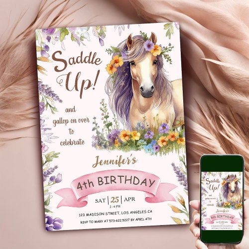 Horse 4th Birthday Girl Purple Floral Saddle Up In Invitation