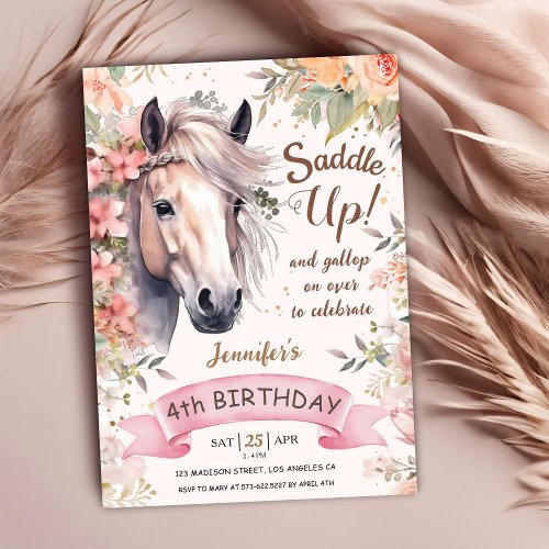 Horse 4th Birthday Girl Wild Floral Saddle Up Invitation