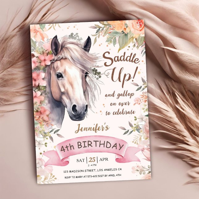 Horse 4th Birthday Girl Wild Floral Saddle Up Invitation (Creator Uploaded)