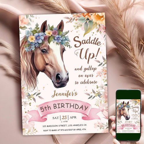 Horse 5th Birthday CowGirl Floral Saddle Up  Invitation