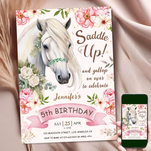 Horse 5th Birthday Girl Pink Flowers Saddle Up Invitation