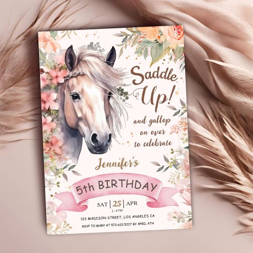 Horse 5th Birthday Girl Wild Floral Saddle Up Invitation