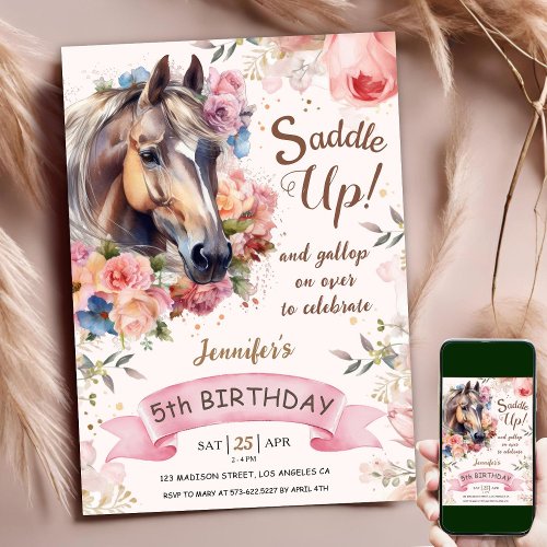 Horse 5th Birthday Pink Floral Girl Saddle Up Invitation