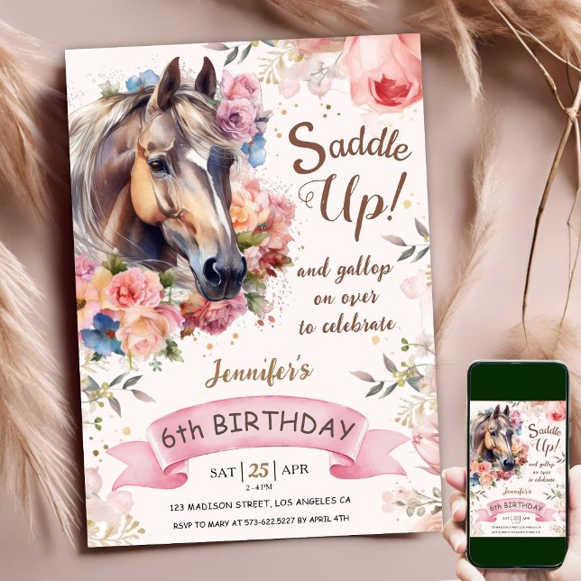 Horse 6th Birthday Pink Floral Girl Saddle Up Invitation (Creator Uploaded)
