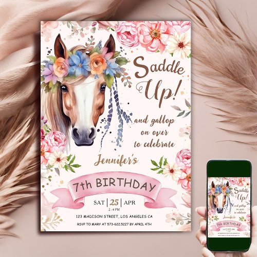 Horse 7th Birthday Girl Boho Flowers Saddle Up Invitation