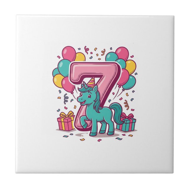 Horse 7th Birthday Party Cute Pony Vector Design_1 Ceramic Tile (Front)