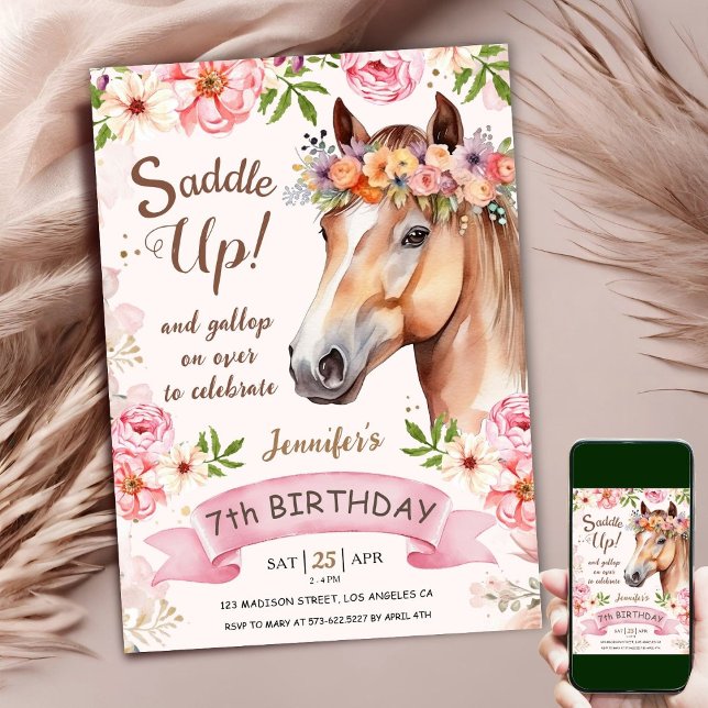 Horse 7th Birthday Pink Rose Flowers Saddle Up Invitation (Creator Uploaded)