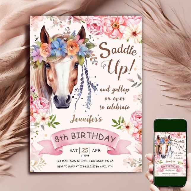 Horse 8th Birthday Girl Boho Flowers Saddle Up Invitation (Creator Uploaded)