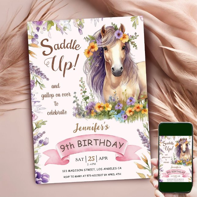 Horse 9th Birthday Girl Floral Purple Saddle Up Invitation (Creator Uploaded)