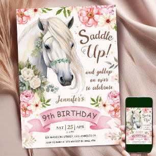 Horse 9th Birthday Girl Pink Flowers Saddle Up Invitation