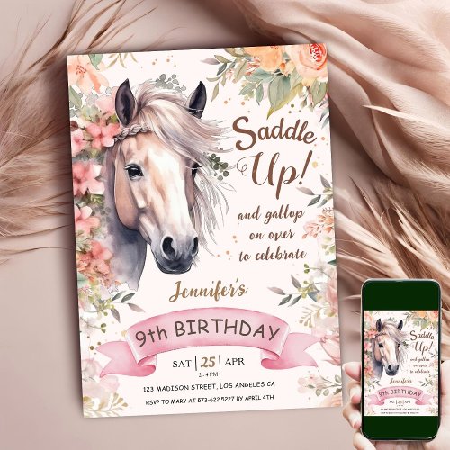 Horse 9th Birthday Girl Wild Floral Saddle Up Invitation