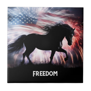 Horse American Flag and Fireworks Ceramic Tile