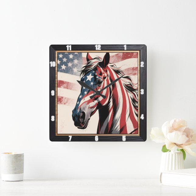 Horse American Flag Patriotic Square Wall Clock (Home)