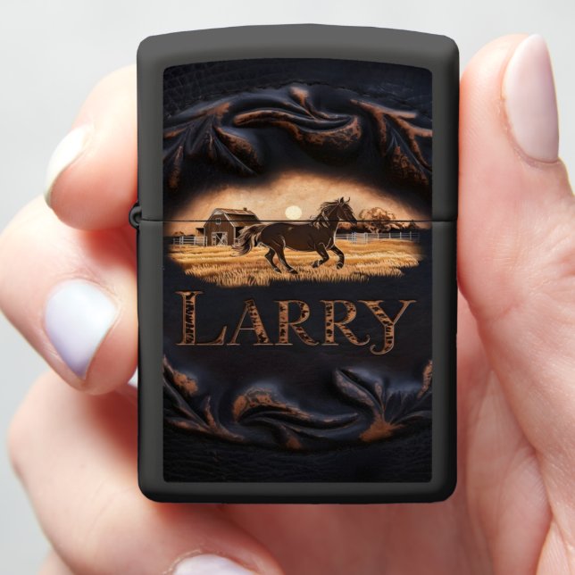 Horse and Barn Engraved Plaque Zippo Lighter (In Hand)