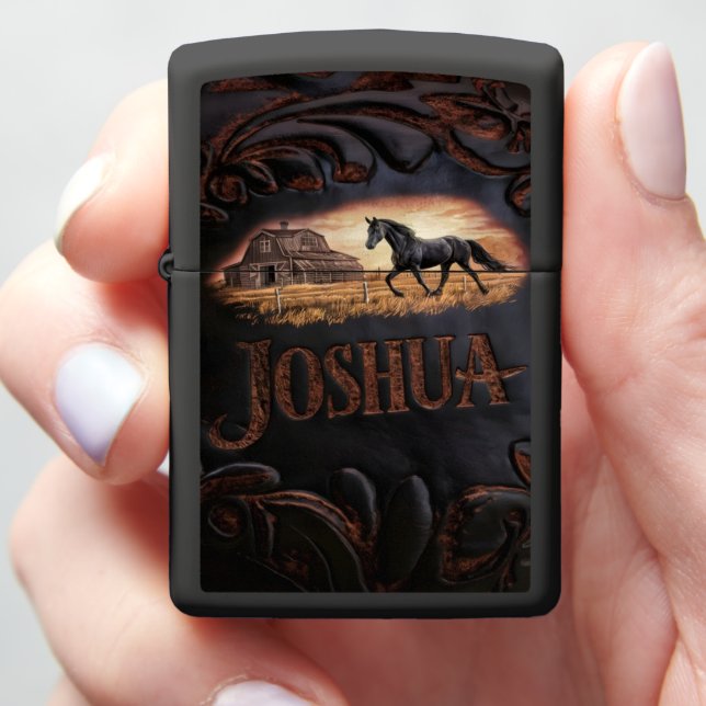Horse and Barn Leather Artwork Zippo Lighter (In Hand)