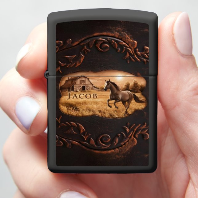 Horse and Barn Sunset Scene Zippo Lighter (In Hand)