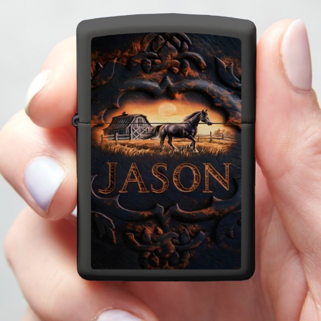 Horse and Barn Sunset Scene Zippo Lighter (In Hand)