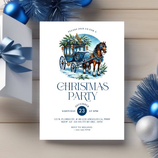 Horse and Carriage Blue Christmas Party Invite (Creator Uploaded)