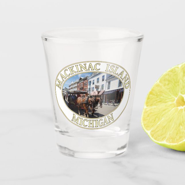 Horse and Carriage in Downtown Mackinac Island, MI Shot Glass (Front)