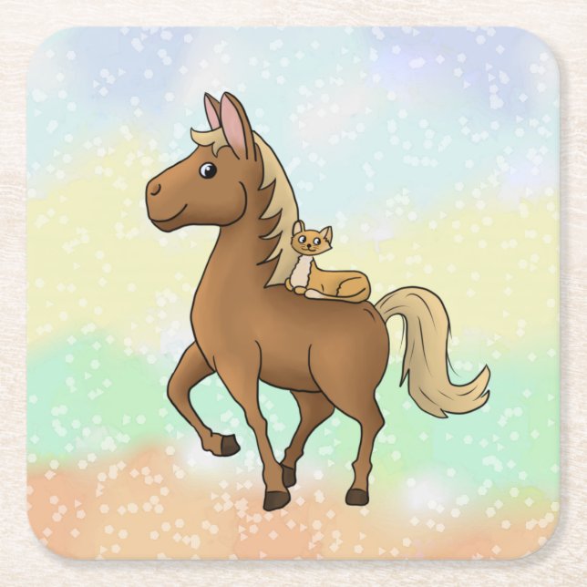 horse and cat square paper coaster (Front)