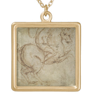 Horse and Cavalier (pen and ink on paper) Gold Plated Necklace