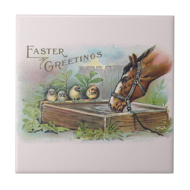 Horse and Chicks Vintage Easter Ceramic Tile (Front)