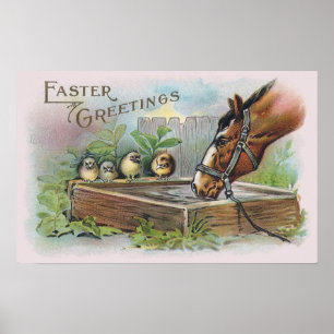 Horse and Chicks Vintage Easter Poster