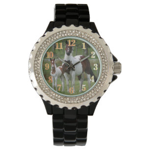 Horse and Colt : Women's Rhinestone Black Enamel W Watch