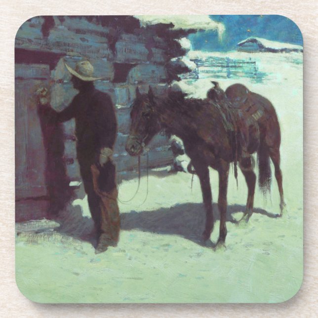 Horse and Cowboy Winter Snow Beverage Coaster (Front)