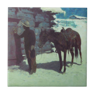 Horse and Cowboy Winter Snow Ceramic Tile