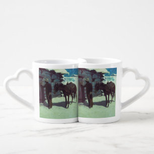 Horse and Cowboy Winter Snow Coffee Mug Set