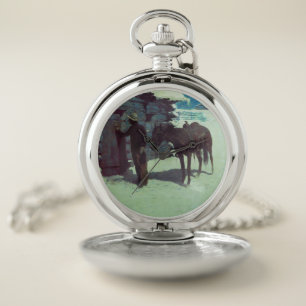 Horse and Cowboy Winter Snow Pocket Watch