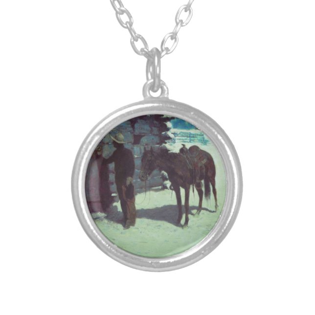 Horse and Cowboy Winter Snow Silver Plated Necklace (Front)