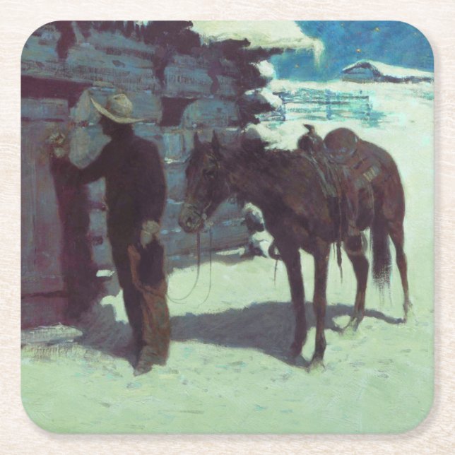 Horse and Cowboy Winter Snow Square Paper Coaster (Front)