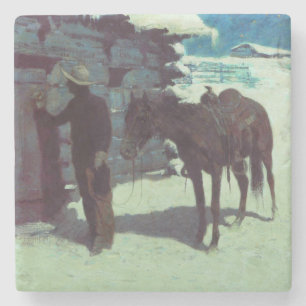 Horse and Cowboy Winter Snow Stone Coaster