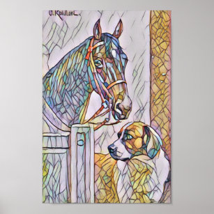 Horse and dog classic painting/ stain glass look poster