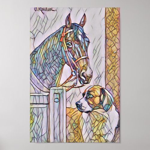 Horse and dog classic painting stain glass look poster