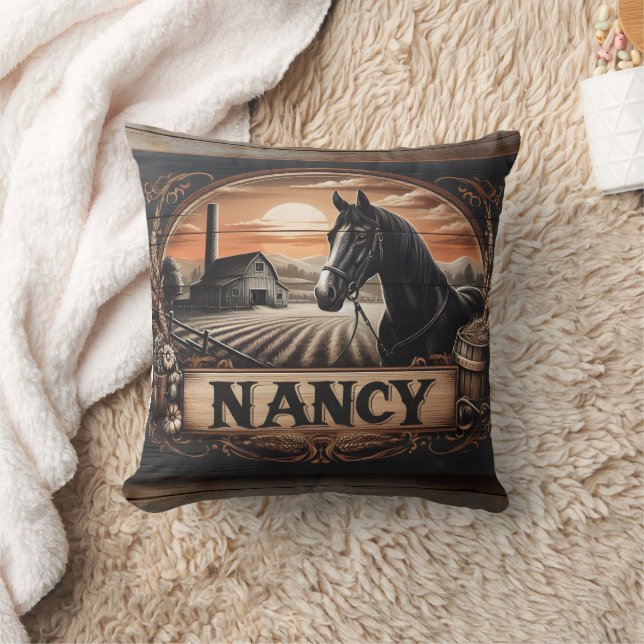 Horse and Farm Scene With Nameplate at Sunset Throw Pillow (Blanket)