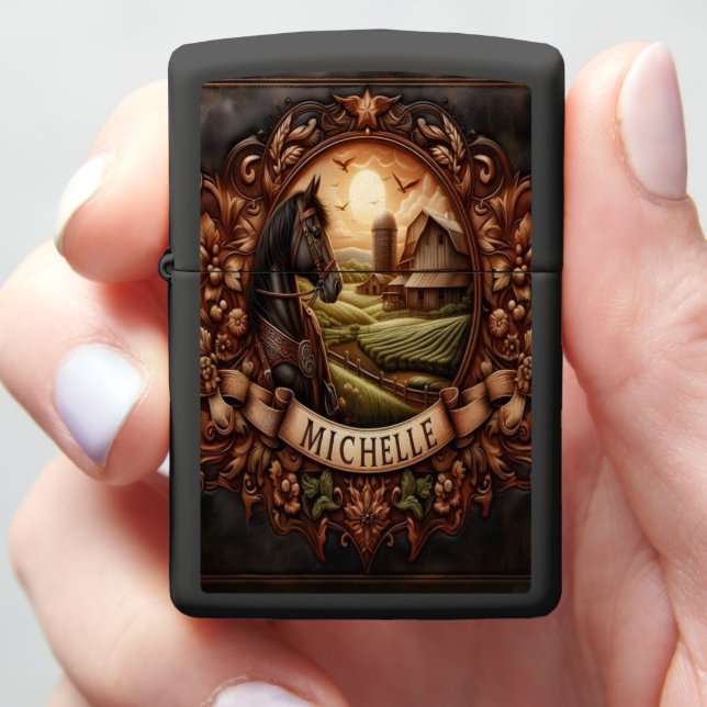 Horse and Farm Sunset Scene Zippo Lighter (In Hand)