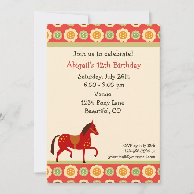 Horse and Flowers Birthday Invitation for Girls (Front)