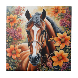 Horse And Flowers Ceramic Tile