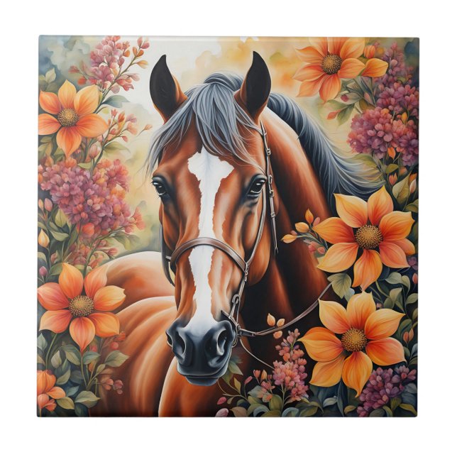 Horse And Flowers Ceramic Tile (Front)
