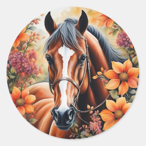 Horse And Flowers Classic Round Sticker