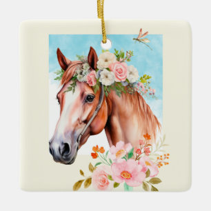 Horse and Flowers Watercolor Art Double Sided Ceramic Ornament