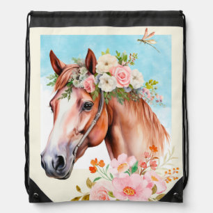 Horse and Flowers Watercolor Art Drawstring Bag