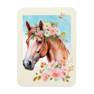 Horse and Flowers Watercolor Art Flexible Magnet