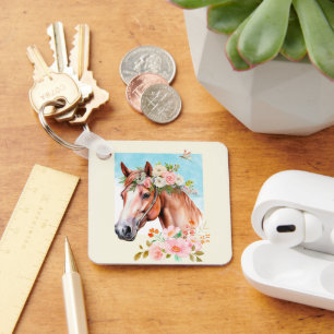 Horse and Flowers Watercolor Art Keychain