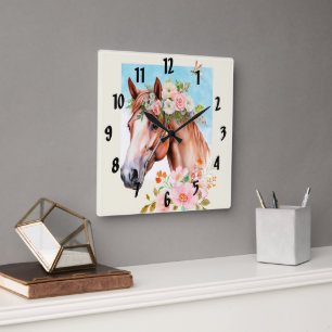 Horse and Flowers Watercolor Art Square Wall Clock