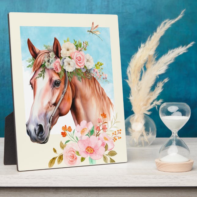 Horse and Flowers Watercolor Art Table Top Plaque  (Side)