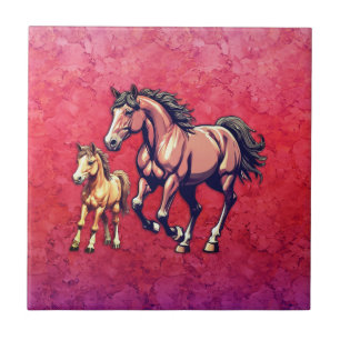 Horse and Foal on Textured Background Ceramic Tile